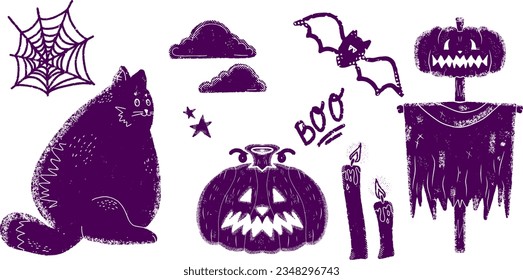 Halloween set in linocut style with shabby texture. Vector collection of elements.
