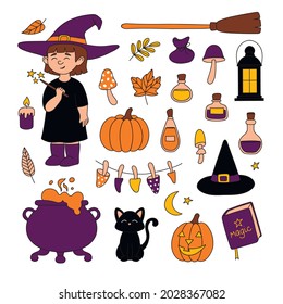 A Halloween set with a little witch, her cat, potion ingredients, a cauldron, a hat, a broom, and so on. A magic set for creating cute and cozy illustrations, patterns, for printing on fabric, textile