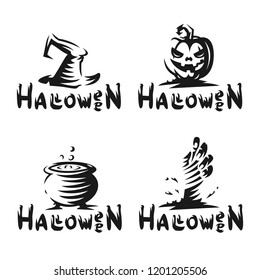 Halloween set logo - vector illustrations. Emblem design of pumpkin, witch hat, zombie hand and cauldron with potion on white background