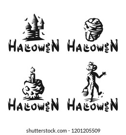 Halloween set logo - vector illustrations. Emblem design of mummy, scarecrow, castle and skull on white background