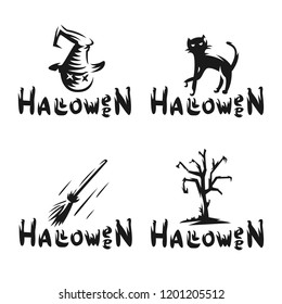 Halloween set logo - vector illustrations. Emblem design of scarecrow, old tree, witch broom and black cat on white background