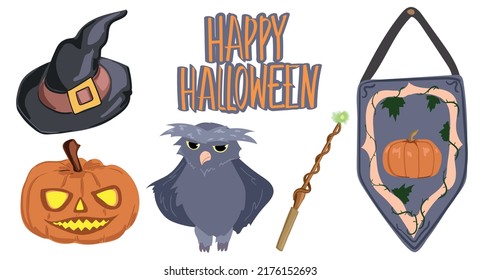 Halloween set. Magic wand, old owl, hat, pumpkin and flag.