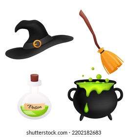 Halloween set of magic wizard  black witch hat, broomstick, black cauldron with green sticky potion, Bottle of liquid poison. Stickers collection isolated on white.