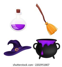 Halloween Set Of Magic Wizard  Purple Witch Hat, Broomstick, Black Cauldron With Violet Sticky Potion, Bottle Of Liquid Poison. Stickers Collection Isolated On White.