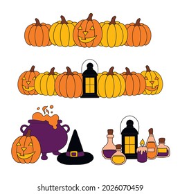 Serie de mini ilustraciones de Halloween para imprimir en ropa, telas, postales. Conjunto de vectores de fronteras para la festividad de Halloween desde calabazas, linternas, jarras de poción, un caldero, un sombrero y velas.