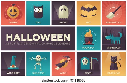 Halloween - set of modern vector flat design icons with gradient colors. Pumpkin, owl, ghost, bat, broomstick, magic pot, werewolf, witch hat, skeleton, death, black cat