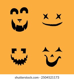 Halloween set of monsters characters silhouettes for carving and cut out creation. Halloween faces emotions collection, shapes, eyes, noses, mouth, teeth, fangs, emotions, creepy and spooky. Vector.