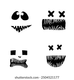 Halloween set of monsters characters silhouettes for carving and cut out creation. Halloween faces emotions collection, shapes, eyes, noses, mouth, teeth, fangs, emotions, creepy and spooky. Vector.