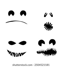 Halloween set of monsters characters silhouettes for carving and cut out creation. Halloween faces emotions collection, shapes, eyes, noses, mouth, teeth, fangs, emotions, creepy and spooky. Vector.