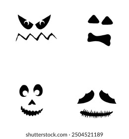 Conjunto de siluetas de personajes de monstruos de Halloween para tallar y cortar la creación. Halloween enfrenta emociones colección, Formas, ojos, narices, boca, dientes, colmillos, emociones, espeluznante y espeluznante. Vector.