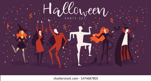 Halloween set of monsters, devil, devil girl, mummy, witch and cat-woman. Horror party. Banner, card, poster. Flat Vector Illustration