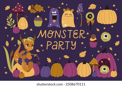 Halloween set with Monsters, pumpkins, dragons and leaves. Hand lettering Monster Party. Vector illustration