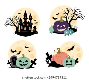 Halloween. Set von Mondillustrationen mit Kürbissen, Gräbern und einer Silhouette eines gruseligen Hauses und Baumes. Halloween Hintergrund, Aufkleber, Poster, flache Art Postkarte. 