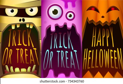 Halloween Set. Mummy, pink monster, pumpkin.