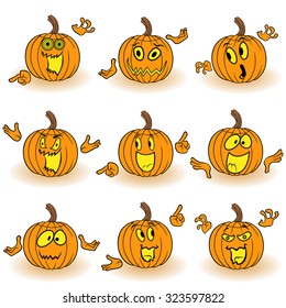 Halloween set of nine amusing orange pumpkins with various face characters that gesticulating with hand and grimace isolated on white background, cartoon vector illustration