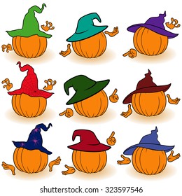 Halloween set of nine orange pumpkins in color hats that gesticulate with hands, view from the back, isolated on the white background cartoon vector illustrations