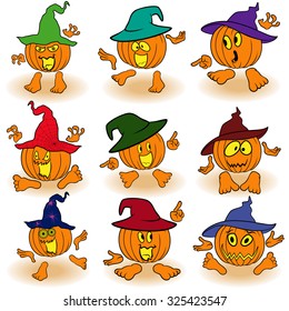 Halloween set of nine orange pumpkins in color hats that gesticulate with hands and feet isolated on the white background, cartoon vector illustrations