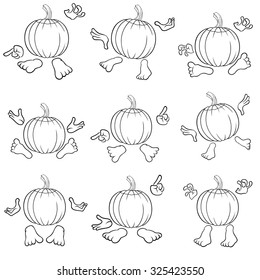 Halloween set of nine outlines of funny pumpkins that gesticulate with hands and feet, view from the back, isolated on the white background cartoon vector illustrations