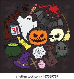 Halloween set object design isolated element on black background. Vector doodle illustration. pumpkin, party, holiday, candy,icon,art,
bat,grave,cross,web,zombie,skull,calendar,candle,ghost,cat,blood.