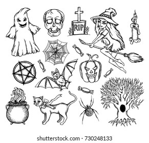 Halloween set. Halloween set object design isolated element on white background. Vector sketch graphic illustration. Pumpkin, party, holiday, candy, skull, calendar, candle, ghost, cat, blood, witch.