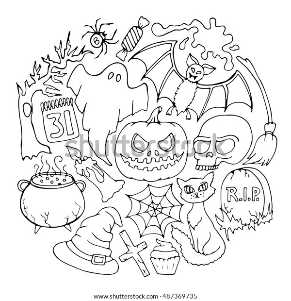 Halloween\
set object design isolated element on white background. Vector\
doodle illustration. pumpkin, party, holiday,\
candy,icon,art,\
bat,grave,cross,web,zombie,skull,calendar,candle,ghost,cat,blood.