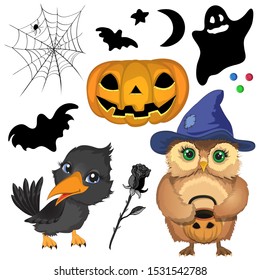 Halloween set of objects isolated on a white background. Pumpkin, Crow, Owl, Ghost. Cartoon vector illustration.EPS10