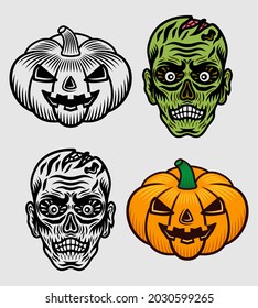 Halloween set objects zombie head and pumpkin vector elements in two styles black and colorful
