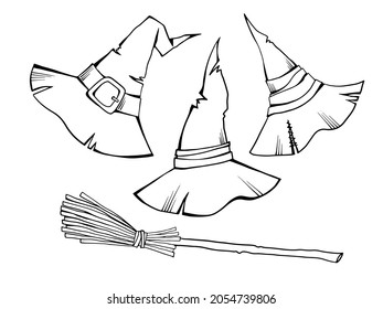 Halloween set with old magic witch's hats and witch's broom. Hand drawing sketch style. Line art. Vector design elements isolated on white.