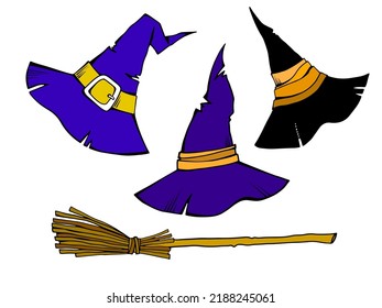Halloween set with old magic witch's hats and witch's broom. Hand drawing sketch style. Line art. Colorful Vector design elements isolated on white.
