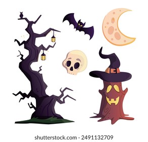 Halloween set. An old tree, a moon, a bat, a skull. Cute cartoon spooky characters and elements