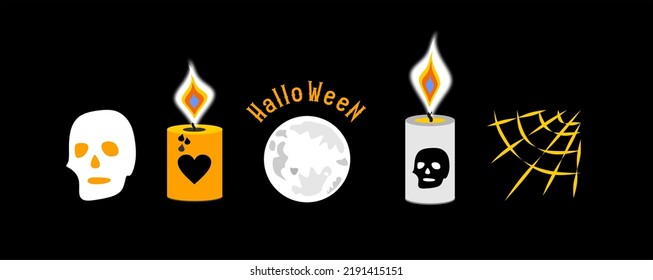 Halloween set on black background. The candles are lit, the fire is realistic, skulls are painted on the candles. Gray skull with yellow eyes, cobweb, moon. Flat style.

