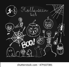 Halloween set on black background. Free hand drawn. Vector illustration.