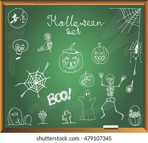Halloween set on chalkboard background. Free hand drawn. Vector illustration.