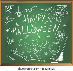 Halloween set on chalkboard background. Free hand drawn. Vector illustration.