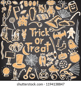 Halloween set on chalkboard, black, drawing, set