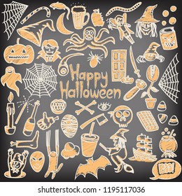 Halloween set on chalkboard, black, drawing, set