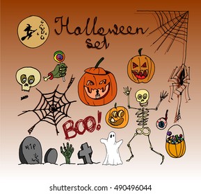 Halloween set on color background. Free hand drawn. Vector illustration.