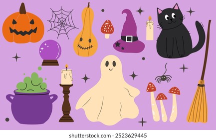 Сute Halloween set on a purple background. Ghost, pumpkin, magic ball, broom, candles, cat, mushrooms, web, spider.