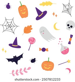 Halloween set on white background with ghost, etc