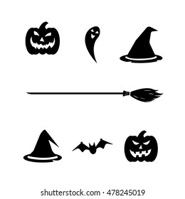 Halloween set on white background. Pumpkin, ghorst, hat, bat, broom. Vector illustration.