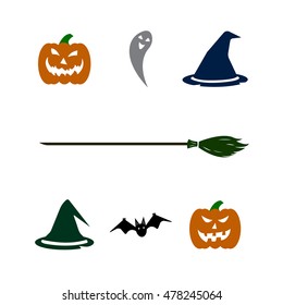 Halloween set on white background. Pumpkin, ghorst, hat, bat, broom. Vector illustration.
