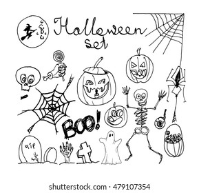 Halloween set on white background. Free hand drawn. Vector illustration.