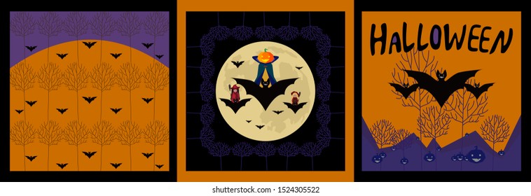 Halloween set.On an orange background and black background.