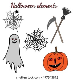 The Halloween set with orange pumpkin, gray ghost, spider web. For Halloween party, holidays, icon, logo, border, book or page design, child magazine, banner, template. 