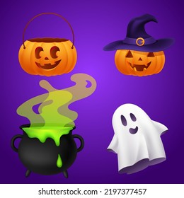 Juego de Halloween de jack de calabaza naranja o linterna con cara sonriente tallada en sombrero de bruja morada, bolso de caramelo, caldero negro con poción pegajosa verde, espíritu fantasma blanco o poltergeist. Colección Stickers