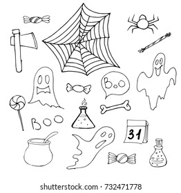 Halloween. Set ot hand drawn elements. Halloween decorations with pumpkin, ghost etc. Vector Illustration