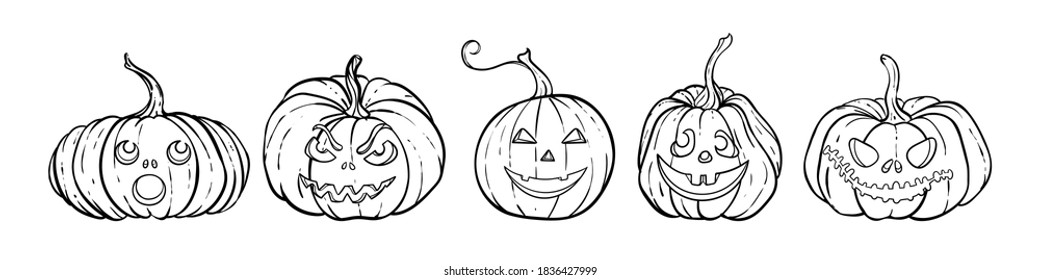 Halloween set of outline black and white pumpkins with carving scary smiling cute glowing faces. design for holiday greeting card and invitation, flyers, posters, banner halloween party holiday