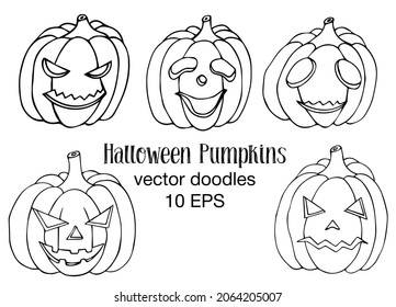 Halloween set of outline black and white pumpkins with carving scary smiling cute glowing faces. design for holiday greeting card and invitation, flyers, posters, banner halloween party holiday