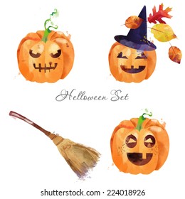Halloween set of pampkins. Watercolor vector background 