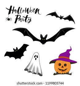 Halloween set with Halloween party hand sketched vector lettering, bats,  ghost, pumpkin in purple hat and spider. Halloween party greetings for invitation, poster, postcard, banner, ticket. EPS 10